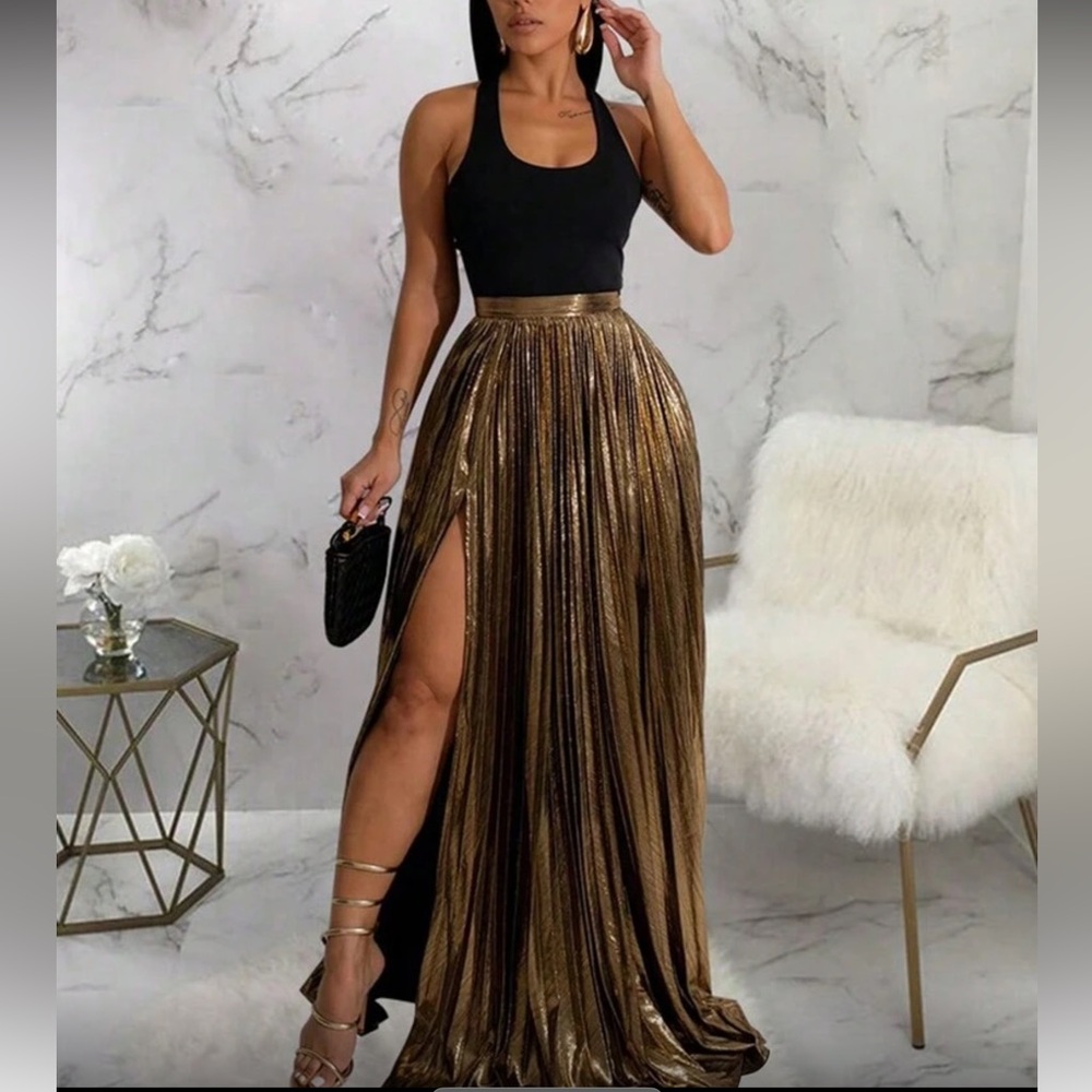 Metallic Gold Pleated Maxi Skirt with High Slit